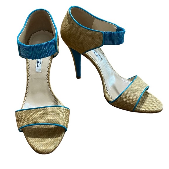 OSCAR DE LA RENTA - OPEN TOE BEIGE RAFFIA & TURQUOISE PATENT LEATHER - SZ 37 S8 - Picture 2 of 14
